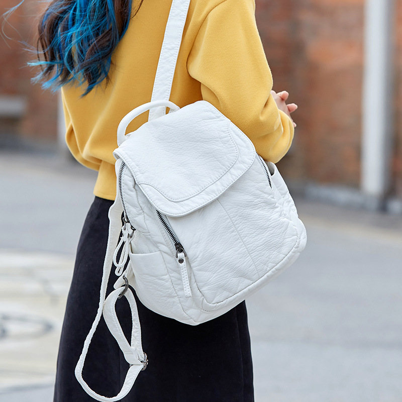 Fashion Backpack Women - 여성용 배낭 화이트 워싱 가죽 배낭,
