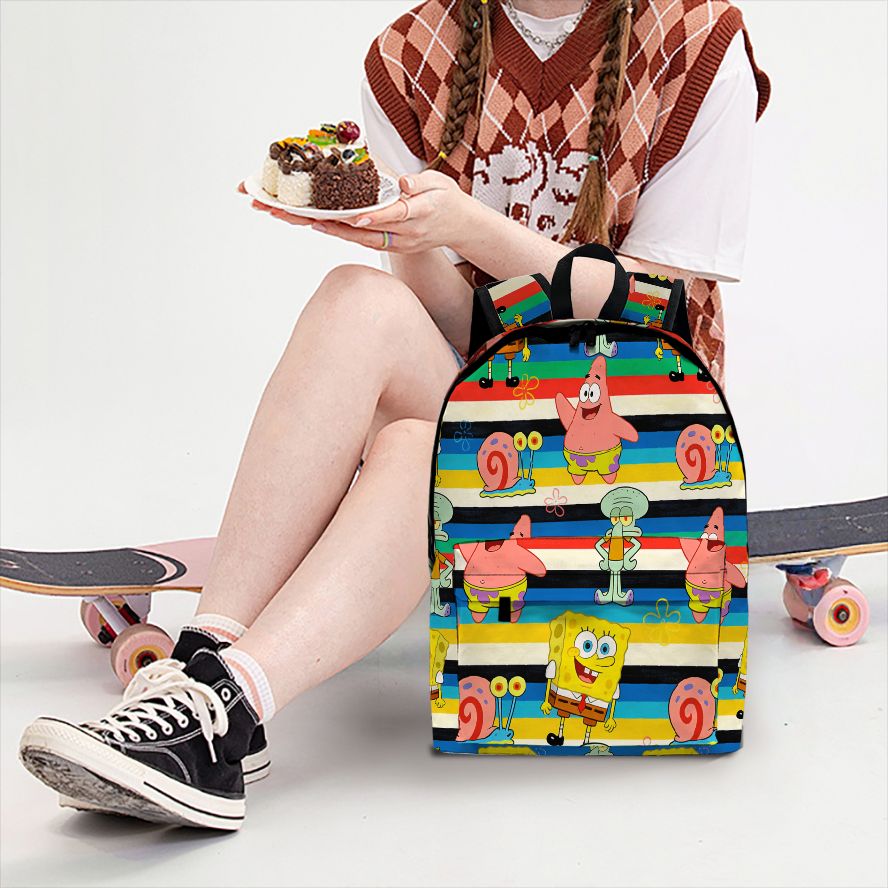 School Backpack Teen - 스폰지밥 스퀘어팬츠 스트라이프 프린트 백팩, 노트북